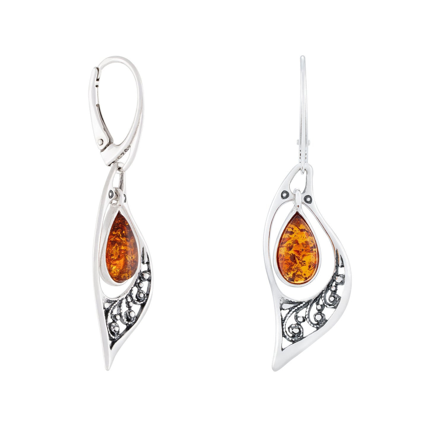 Srebrne kolczyki liście z bursztynem