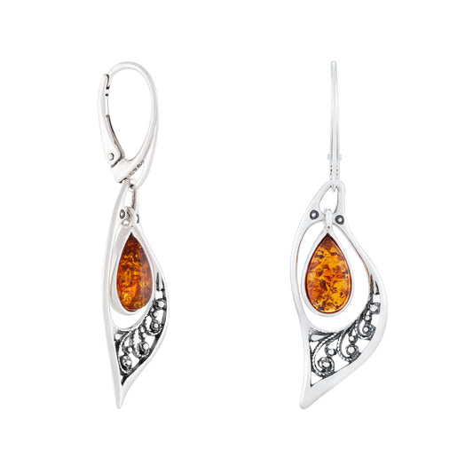 Srebrne kolczyki liście z bursztynem