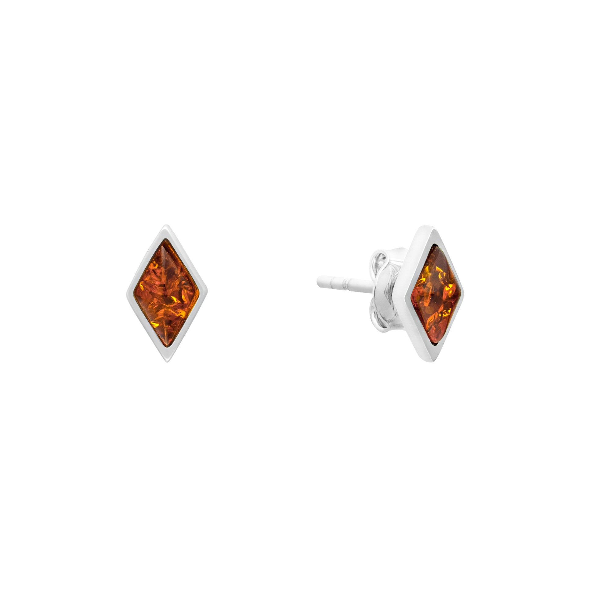 Małe, srebrne kolczyki z bursztynem w kształcie rombu - Fenix Jewellery