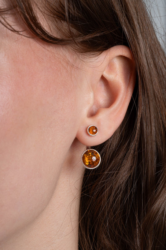 Srebrne dwuczęściowe kolczyki z bursztynem