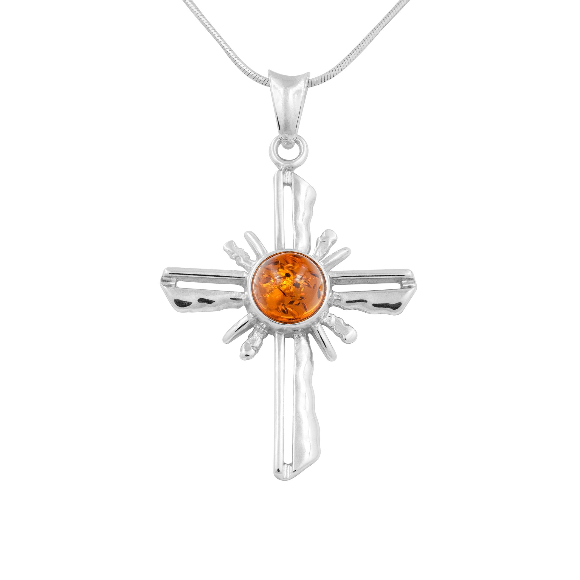 Srebrna zawieszka z bursztynem w formie krzyża - Fenix Jewellery