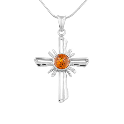Srebrna zawieszka z bursztynem w formie krzyża - Fenix Jewellery