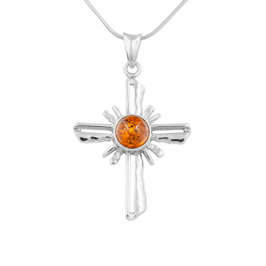 Srebrna zawieszka krzyż z bursztynem