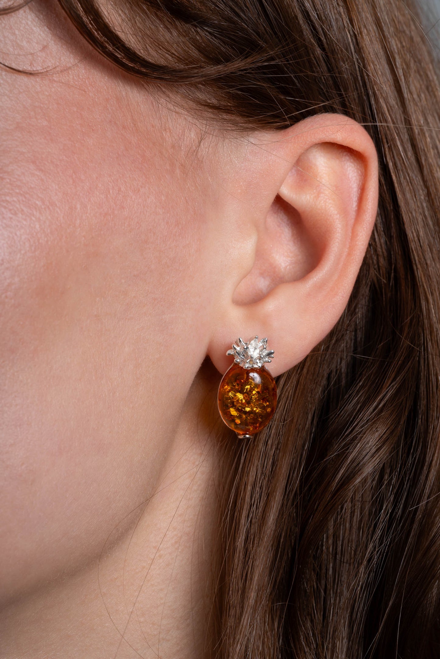 Srebrne kolczyki ananasy z bursztynem