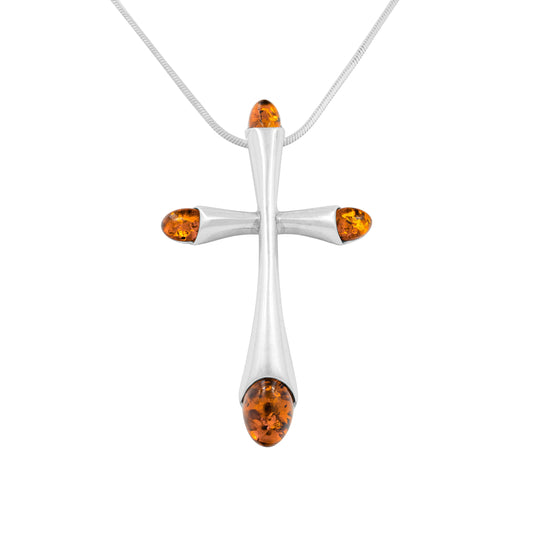 Srebrna zawieszka krzyż z bursztynem
