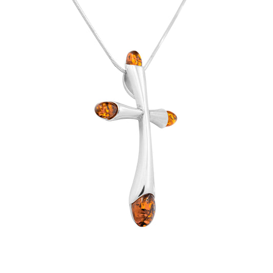 Srebrna zawieszka krzyż z bursztynem