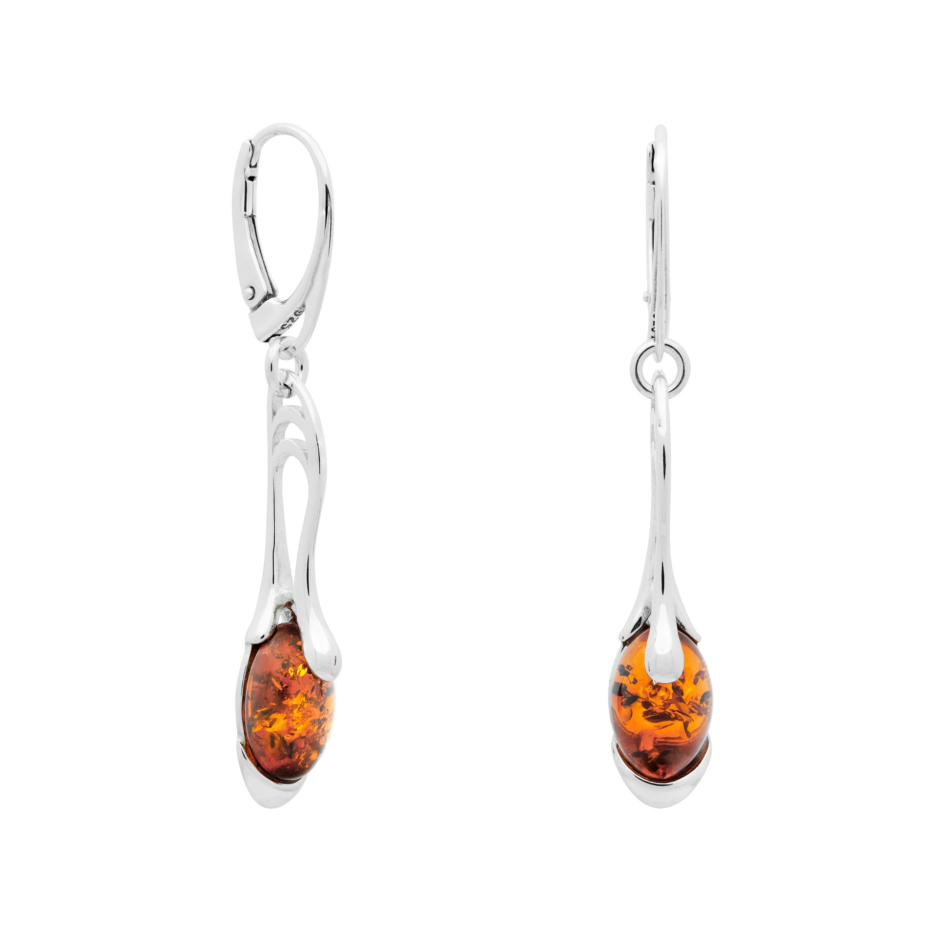 Wiszące, srebrne kolczyki z bursztynem - Fenix Jewellery