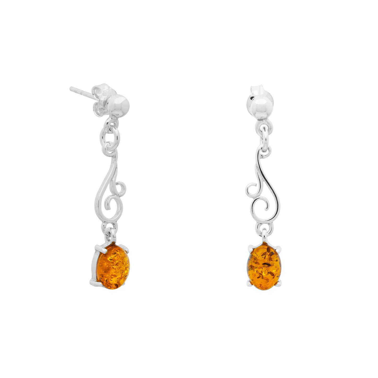 Wiszące, srebrne kolczyki z bursztynem - Fenix Jewellery